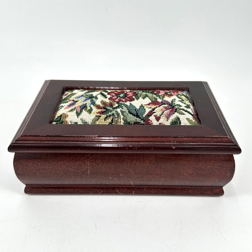 Vintage Floral Tapestry Wooden Jewelry Box Green Velvet Lining Mirror Ring Roll